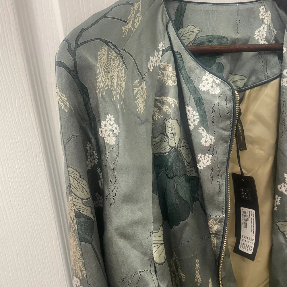 Rituals Satin Floral Bomber Jacket XL Sage Green Art -to- Wear Art Teacher